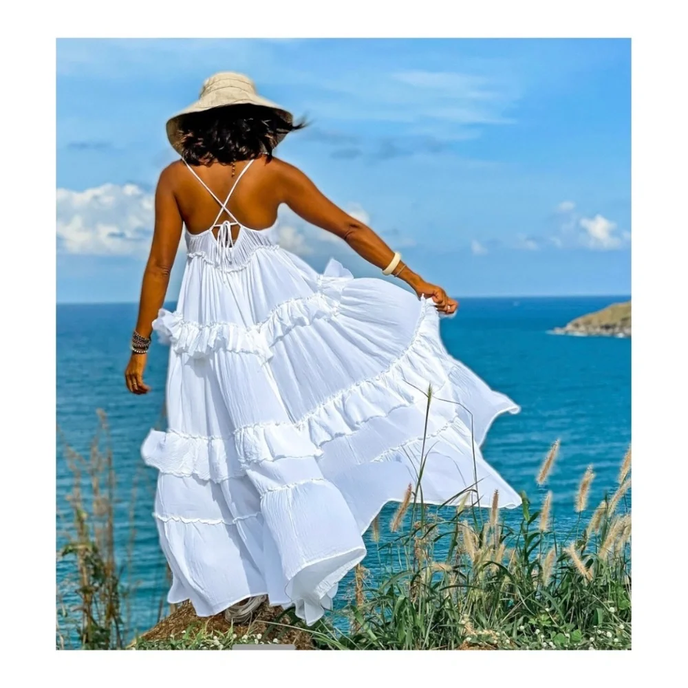 CREAM MAXI BOHO RUFFLE DRESS - Picture 2 of 12